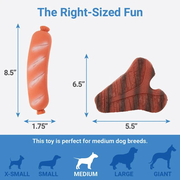 Frisco T-Bone Steak & Sausage Latex Dog Toy, 2-pack 4 Frisco T-Bone Steak & Sausage Latex Dog Toy, 2-pack - Image 2