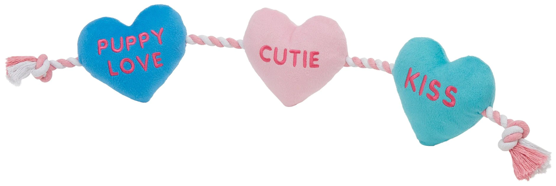 Frisco Candy Hearts Plush with Rope Squeaky Dog Toy 3 Frisco Candy Hearts Plush with Rope Squeaky Dog Toy