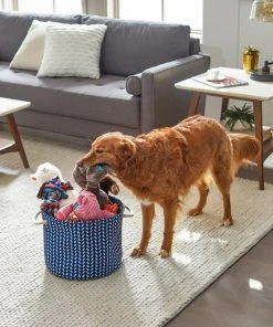 Frisco Round Collapsible Pet Toy Storage Bin, Navy Herringbone -PetNest Shop 250583 PT3. SY630 V1615572125