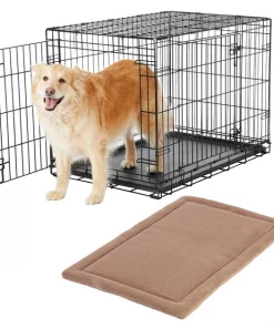 Frisco Heavy Duty Fold & Carry Double Door Collapsible Wire Dog Crate & Frisco Micro Terry Dog Crate Mat, Taupe