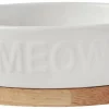 Frisco Oval Meow Non-skid Ceramic Cat Bowl with Wood Base, 1 Cup -PetNest Shop 256080 MAIN. SY630 V1615300007
