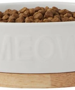 Frisco Oval Meow Non-skid Ceramic Cat Bowl with Wood Base, 1 Cup -PetNest Shop 256080 PT3. SY630 V1615312053