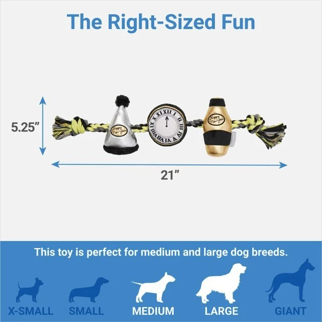 Frisco New Year's Eve Midnight Countdown Plush with Rope Squeaky Dog Toy 4 Frisco New Year's Eve Midnight Countdown Plush with Rope Squeaky Dog Toy - Image 2