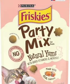 Friskies||Frisco Friskies Party Mix Natural Yums With Real Salmon Cat Treats, 6-oz pouch + Frisco Melamine Dog & Cat Treat Jar with Bamboo Lid, 8 Cups -PetNest Shop 298040 PT1. SY630 V1623256045