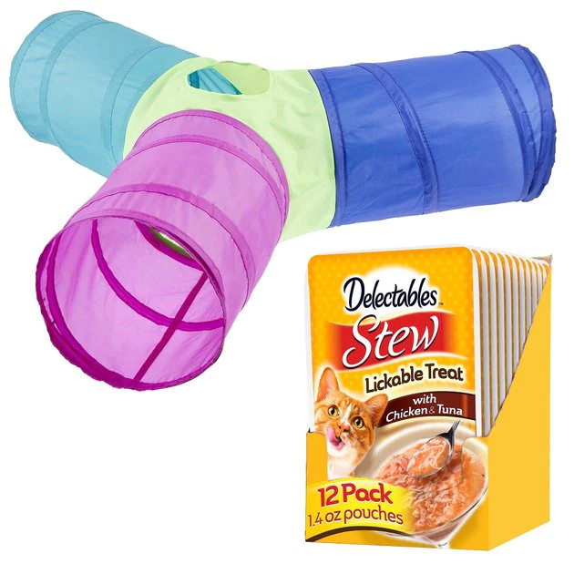 Hartz||Frisco Hartz Delectables Stew Chicken & Tuna Lickable Cat Treat, 1.4-oz, case of 12 + Frisco Peek-a-Boo Cat Chute Cat Toy, Colorful Tri-Tunnel 3 Hartz||Frisco Hartz Delectables Stew Chicken & Tuna Lickable Cat Treat, 1.4-oz, case of 12 + Frisco Peek-a-Boo Cat Chute Cat Toy, Colorful Tri-Tunnel