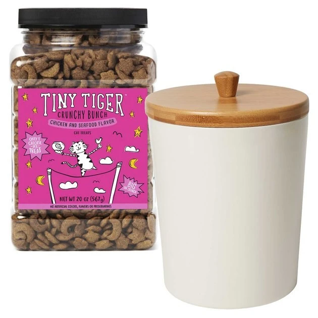 Tiny Tiger||Frisco Tiny Tiger Crunchy Bunch, Fearless Feathers and Gracious Gills, Chicken & Seafood Flavor Cat Treats, 20-oz Jar + Frisco Melamine Dog & Cat Treat Jar with Bamboo Lid, 8 Cups 3 Tiny Tiger||Frisco Tiny Tiger Crunchy Bunch, Fearless Feathers and Gracious Gills, Chicken & Seafood Flavor Cat Treats, 20-oz Jar + Frisco Melamine Dog & Cat Treat Jar with Bamboo Lid, 8 Cups