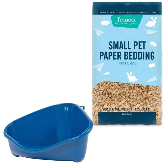 Frisco Corner Litter Box, Navy, Small + Small Animal Bedding, Natural 3 Frisco Corner Litter Box, Navy, Small + Small Animal Bedding, Natural