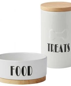 Frisco Ceramic Dog Bowl with Wood Base, 2.5 Cups + Treat Jar, 4 Cups