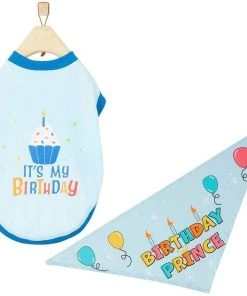 Frisco Birthday Prince Bandana, Medium/Large + Dog & Cat T-Shirt, Blue
