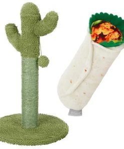 Frisco Cactus Cat Scratching Post, 22-in + Plush Squeaking Burrito Dog Toy