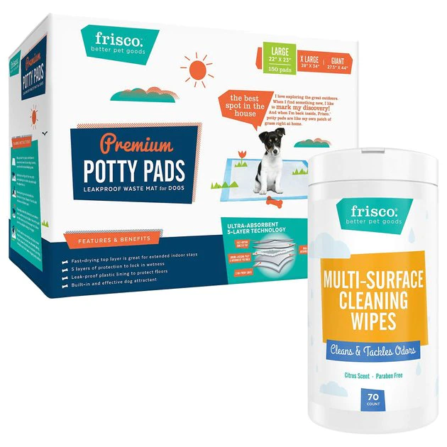 Frisco Dog Training & Potty Pads, 22 x 23-in, 150 count, Unscented + Multi-Surface Cleaning Citrus Scented Wipes 3 Frisco Dog Training & Potty Pads, 22 x 23-in, 150 count, Unscented + Multi-Surface Cleaning Citrus Scented Wipes