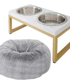Frisco Plush Pouf Pillow Bed, Large + Marble Print Stainless Steel Double Elevated Dog Bowl, 3 Cups, Gold Stand