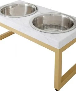 Frisco Plush Pouf Pillow Bed, Large + Marble Print Stainless Steel Double Elevated Dog Bowl, 3 Cups, Gold Stand -PetNest Shop 303534 PT5. SY630 V1625168260