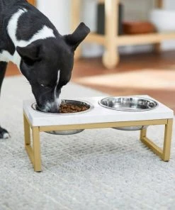 Frisco Plush Pouf Pillow Bed, Large + Marble Print Stainless Steel Double Elevated Dog Bowl, 3 Cups, Gold Stand -PetNest Shop 303534 PT8. SY630 V1625176784