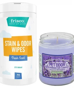 Frisco||Pet Odor Exterminator Frisco Stain & Odor Remover Wipes, 70 count + Pet Odor Exterminator Lavender & Chamomile Deodorizing Candle