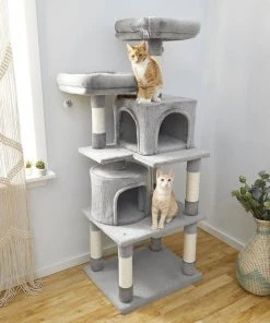 Frisco 61-in Faux Fur Tree & Condo, Gray + 38-in Cat Tree & Condo, Top Perch & Toy, Gray -PetNest Shop 318964 PT4. SY630 V1630365995