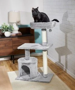Frisco 61-in Faux Fur Tree & Condo, Gray + 38-in Cat Tree & Condo, Top Perch & Toy, Gray -PetNest Shop 318964 PT8. SY630 V1630366879