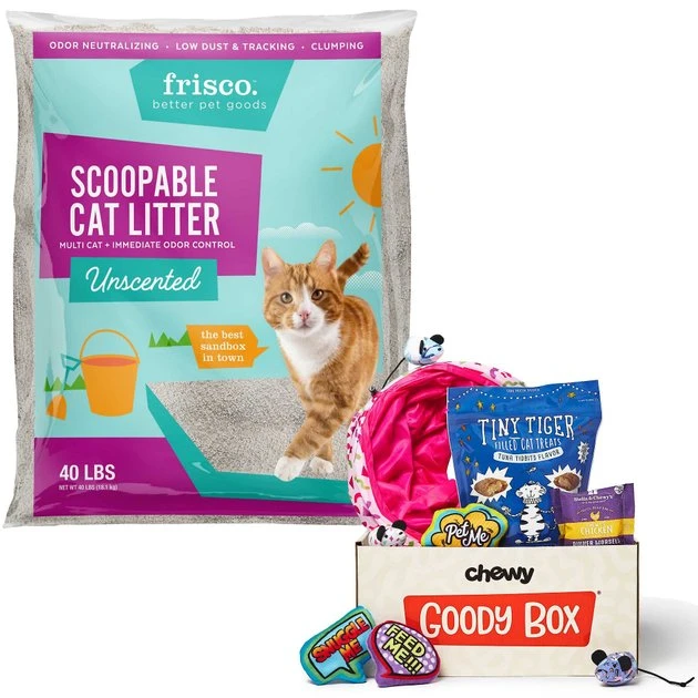 Goody Box||Frisco Goody Box Retro Toys & Treats + Frisco Multi-Cat Unscented Clumping Clay Cat Litter, 40-lb